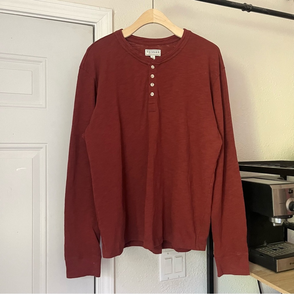TECOVAS rust red orange knit slub cotton long sleeve polo tshirt shirt